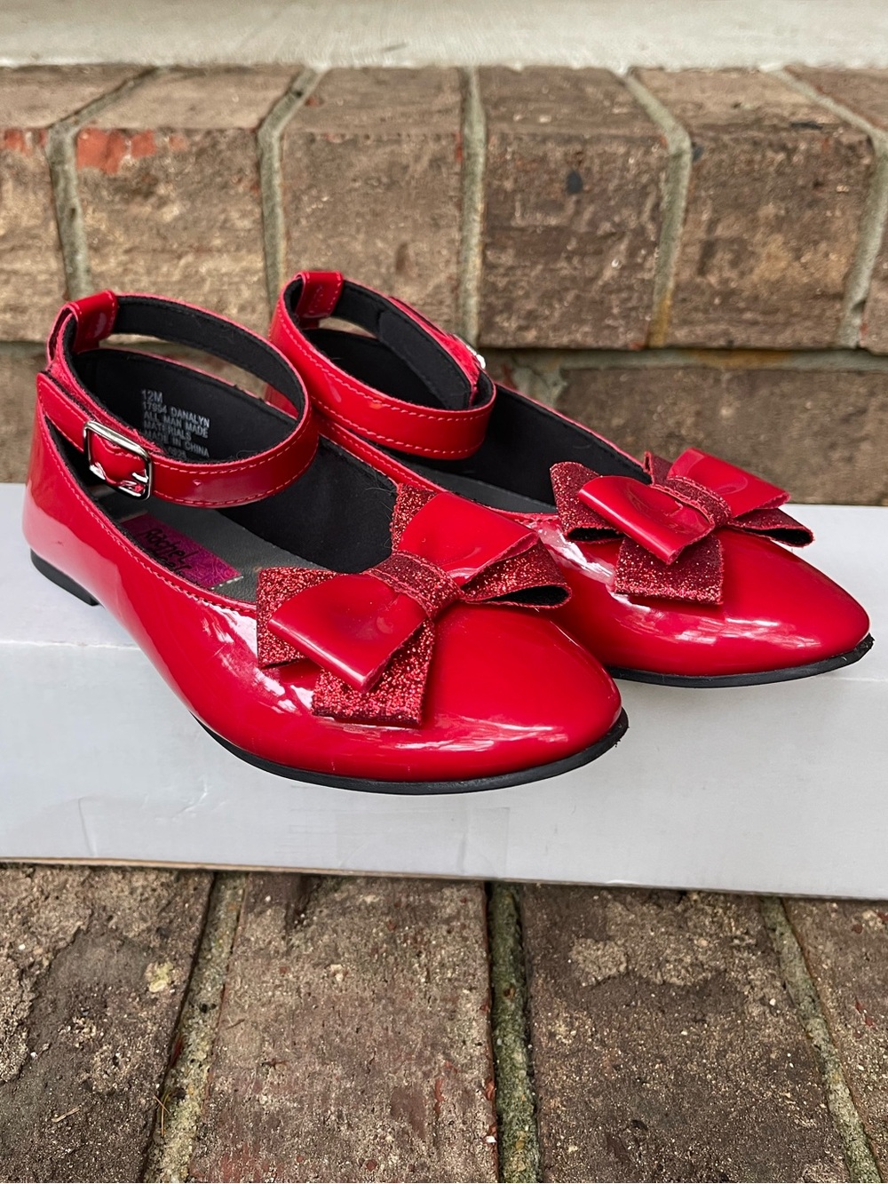 Rachel Shoes Red Patent Mary Jane Flats with Glitter Bow Girls Size 12